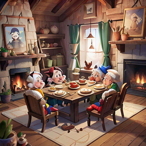 a group of people sitting around a table in a room with a fireplace and pictures on the wall above it
