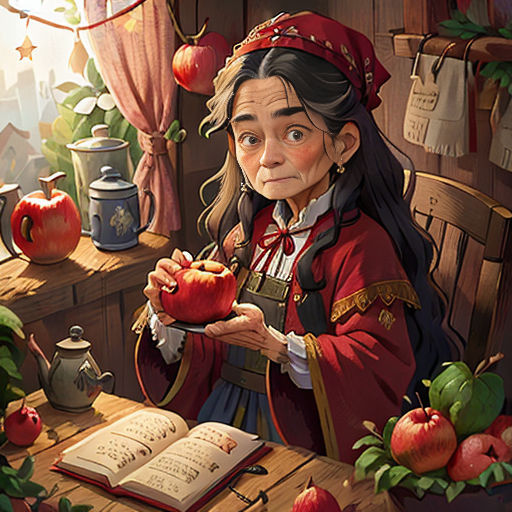 a woman holding an apple while sitting at a table with an open book and apple in her hand, with apples around her