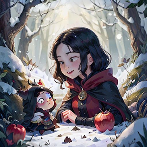 a woman and a child are sitting in the snow in a forest with apples on the ground and trees