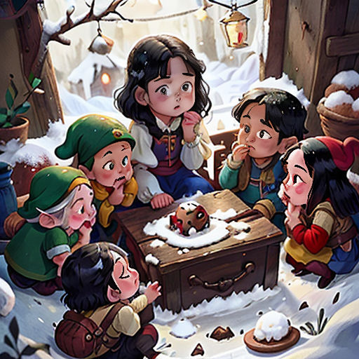 a group of children sitting around a table in the snow with a christmas cake on it and a santa clause on the table