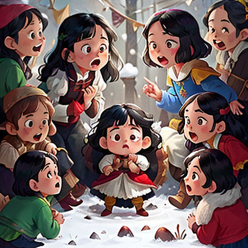 a group of children standing in the snow with a snowman in the background and a woman in the foreground