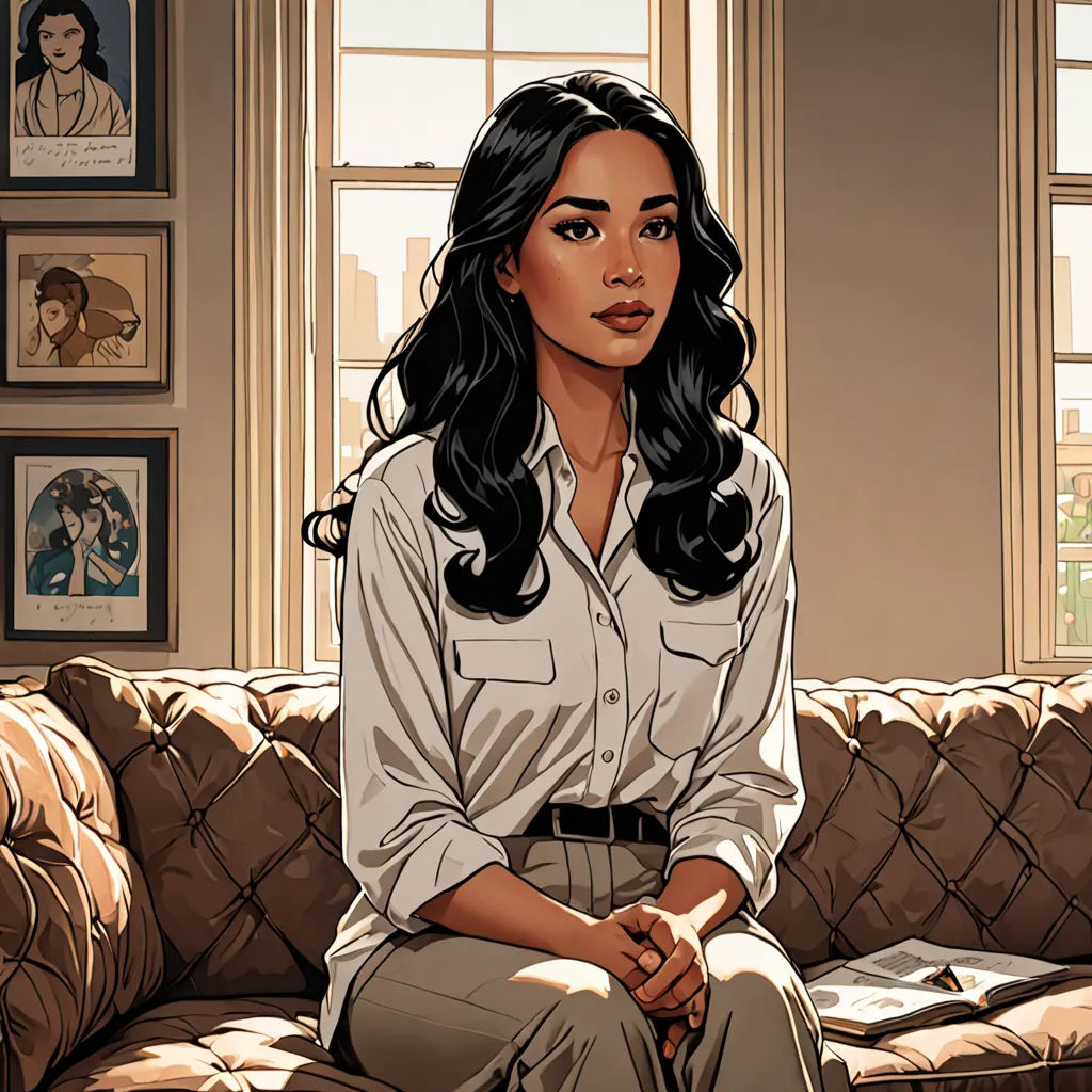 a woman sitting on a couch in front of a window with a picture of herself on the wall behind her, serial art, a comic book panel, Eve Ryder, graphic novel