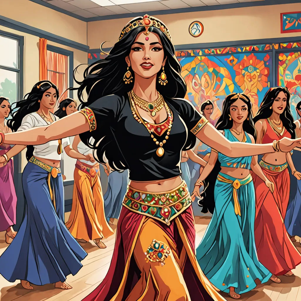 a woman in a belly dance costume is dancing with other women in a room with a painting of a woman in a belly dance costume, bengal school of art, a storybook illustration, Ella Guru, orientalism
