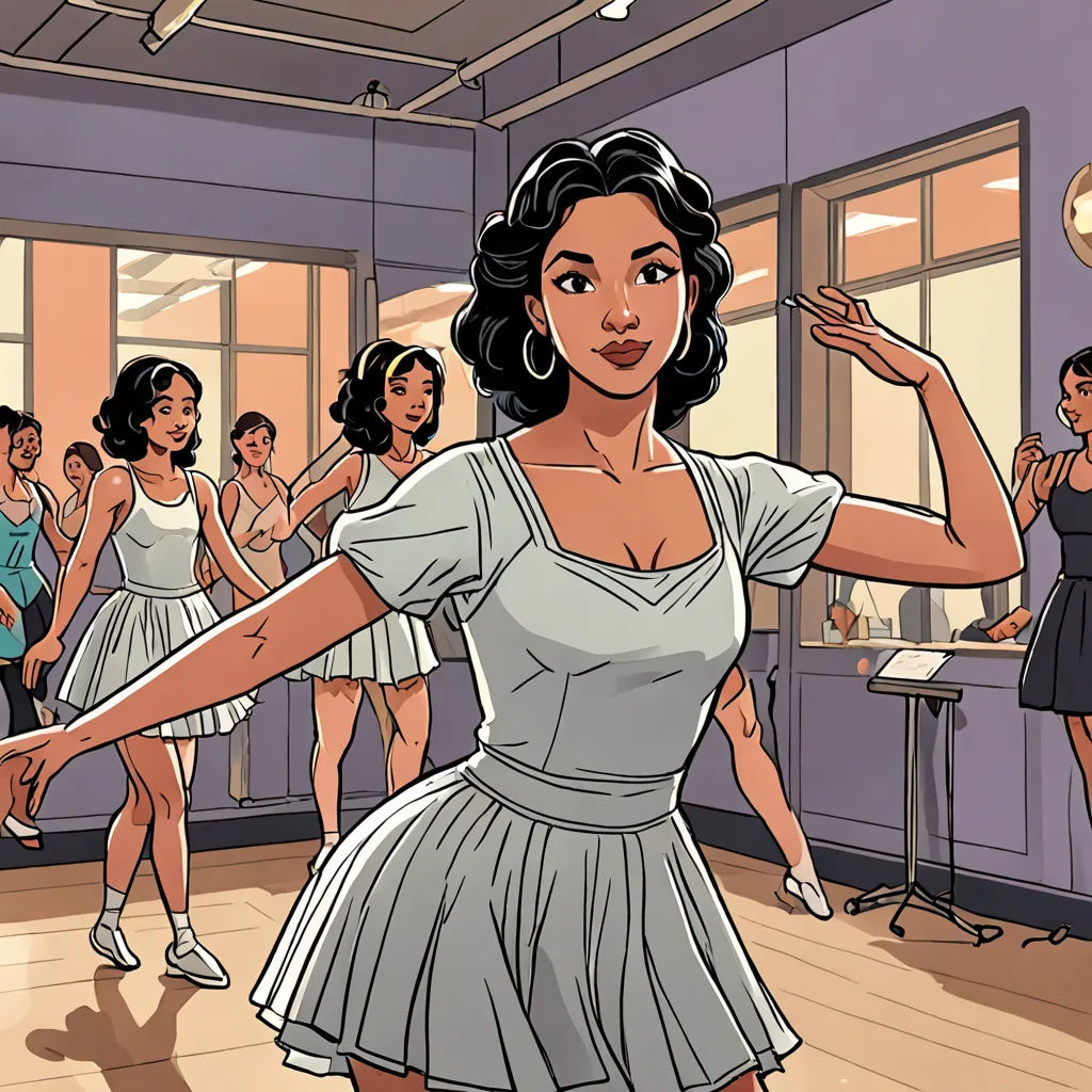 a woman in a dress is dancing in a dance class with other people in the background and a woman in a dress is holding a microphone, harlem renaissance, a comic book panel, Alberto Vargas, promotional image