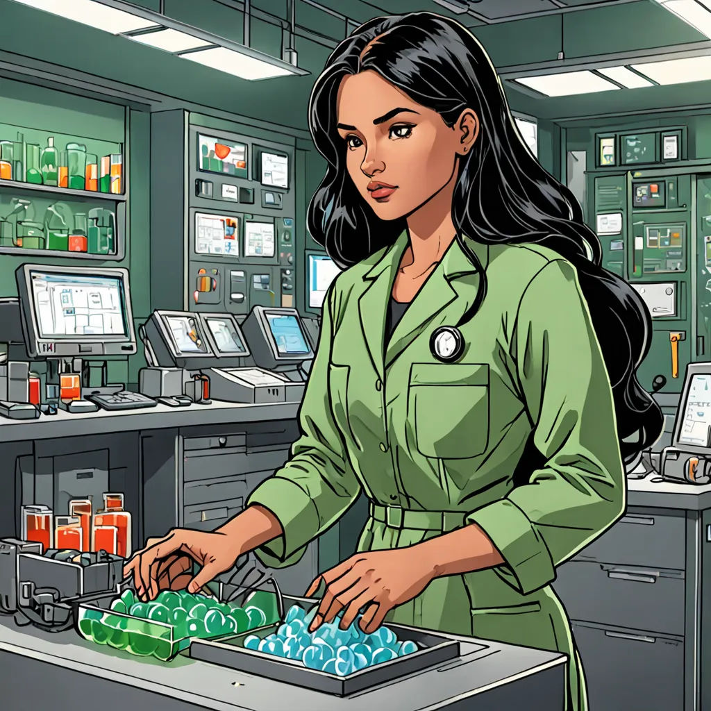 a woman in a green uniform is working in a lab with a tray of liquid on the counter and a shelf with bottles, nuclear art, a comic book panel, Artgerm, promotional image