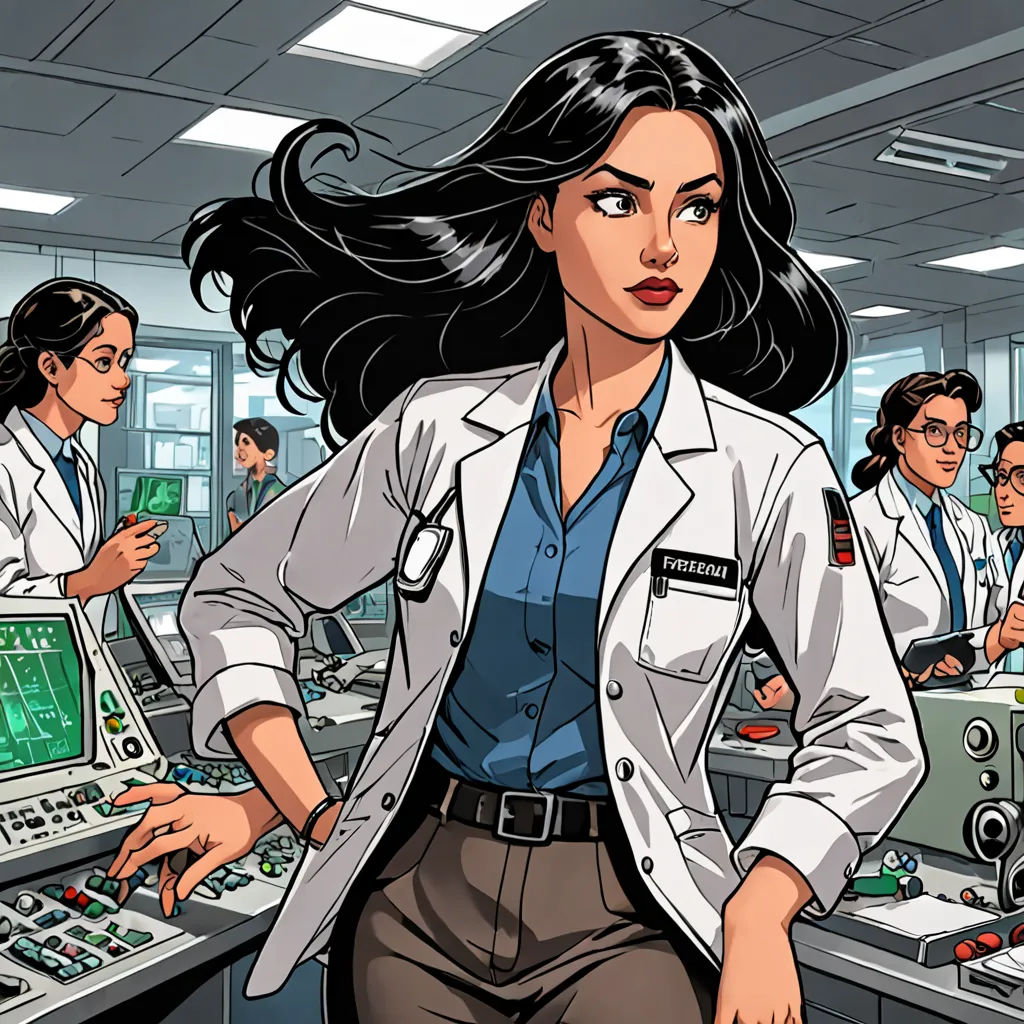 a woman in a lab coat standing in front of a computer screen with other people in the background looking at the camera, serial art, a comic book panel, Artgerm, comic cover art