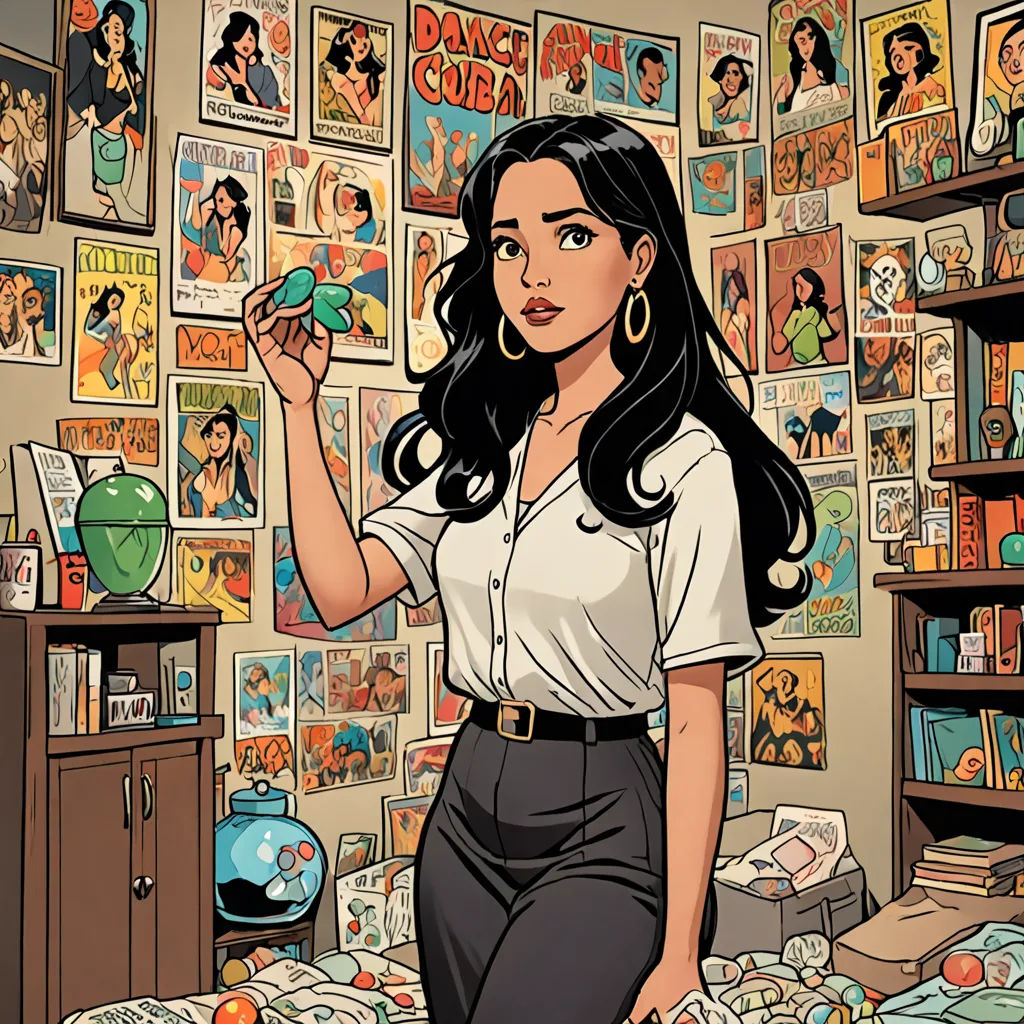 a woman standing in a room with a bunch of comics on the wall behind her and a bookcase full of books, academic art, a comic book panel, Asaf Hanuka, comic cover art
