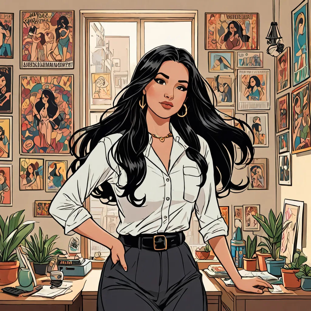 a woman standing in front of a desk with a lot of pictures on the wall behind her and a potted plant in the corner, process art, a character portrait, Audrey Kawasaki, comic cover art