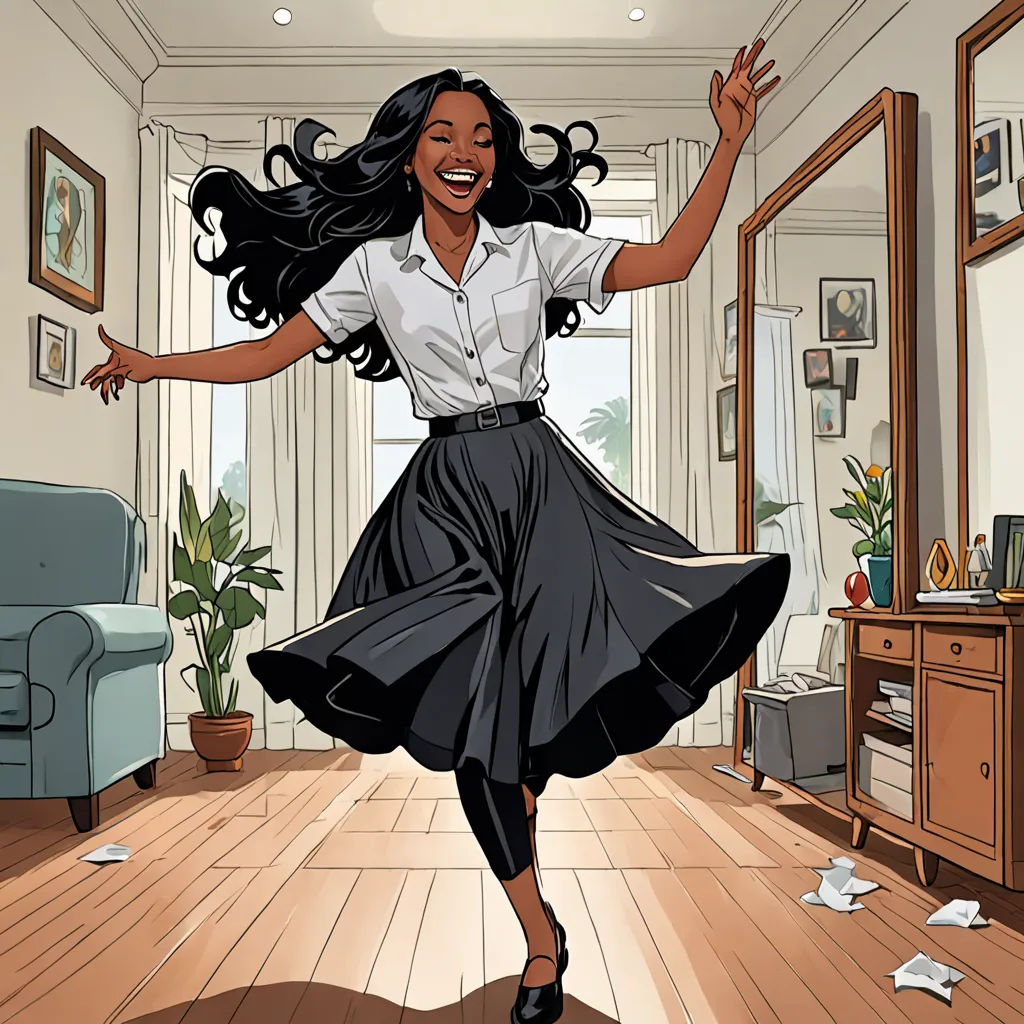 a woman in a room with a lot of papers on the floor and a chair in the background and a mirror on the wall, process art, a comic book panel, Colin Middleton, comic cover art