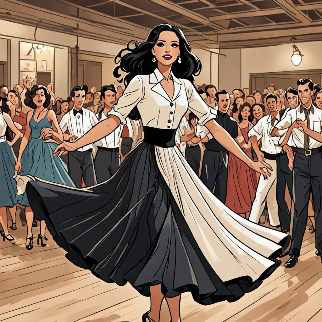 a woman in a dress dancing in front of a crowd of people in a ballroom or dance hall with a man in a suit, kitsch movement, a comic book panel, Edwin Georgi, cliff chiang