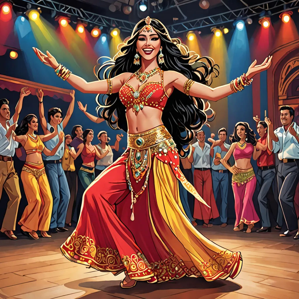 a woman in a belly dance costume dancing in front of a crowd of people on stage with their arms outstretched, arabesque, a digital rendering, Ella Guru, orientalism
