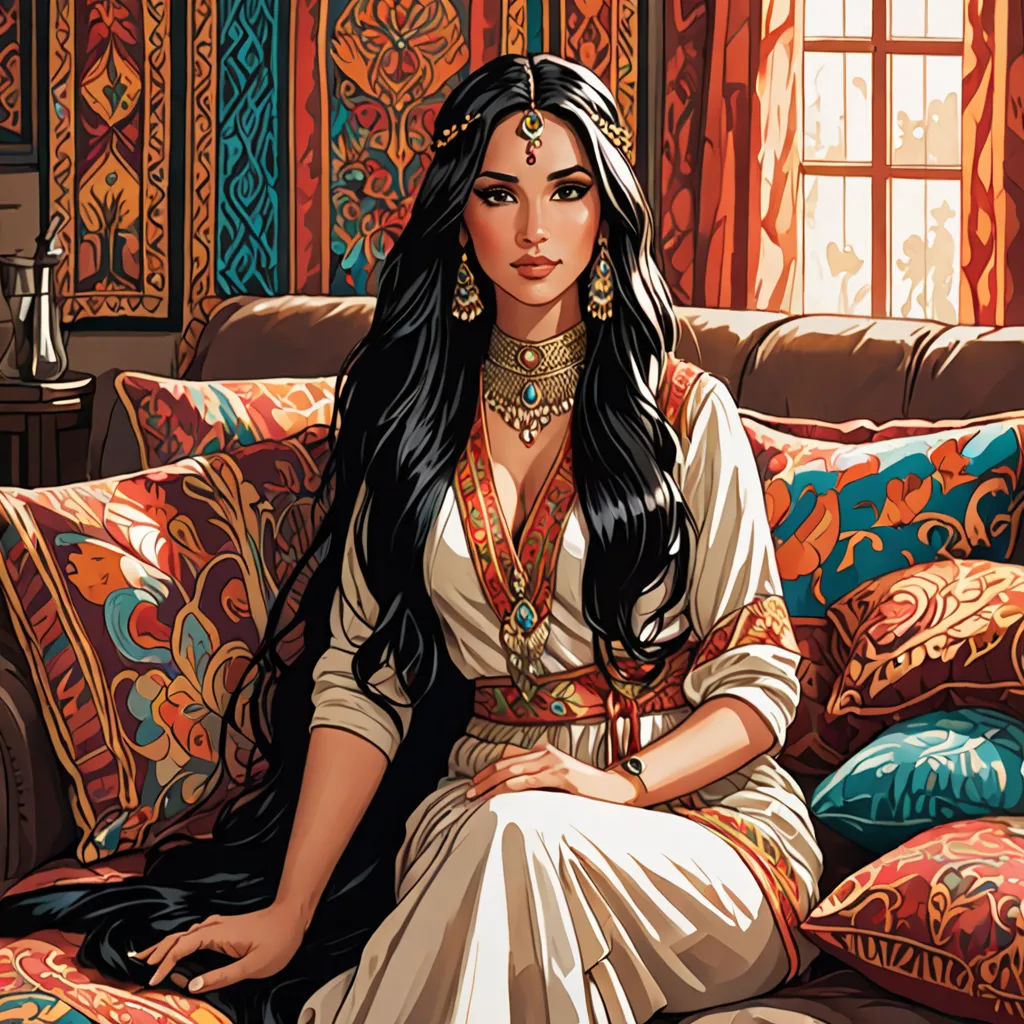 a painting of a woman sitting on a couch with a window behind her and a colorful wall hanging behind her, fantasy art, egyptian art, Altoon Sultan, beautiful detailed
