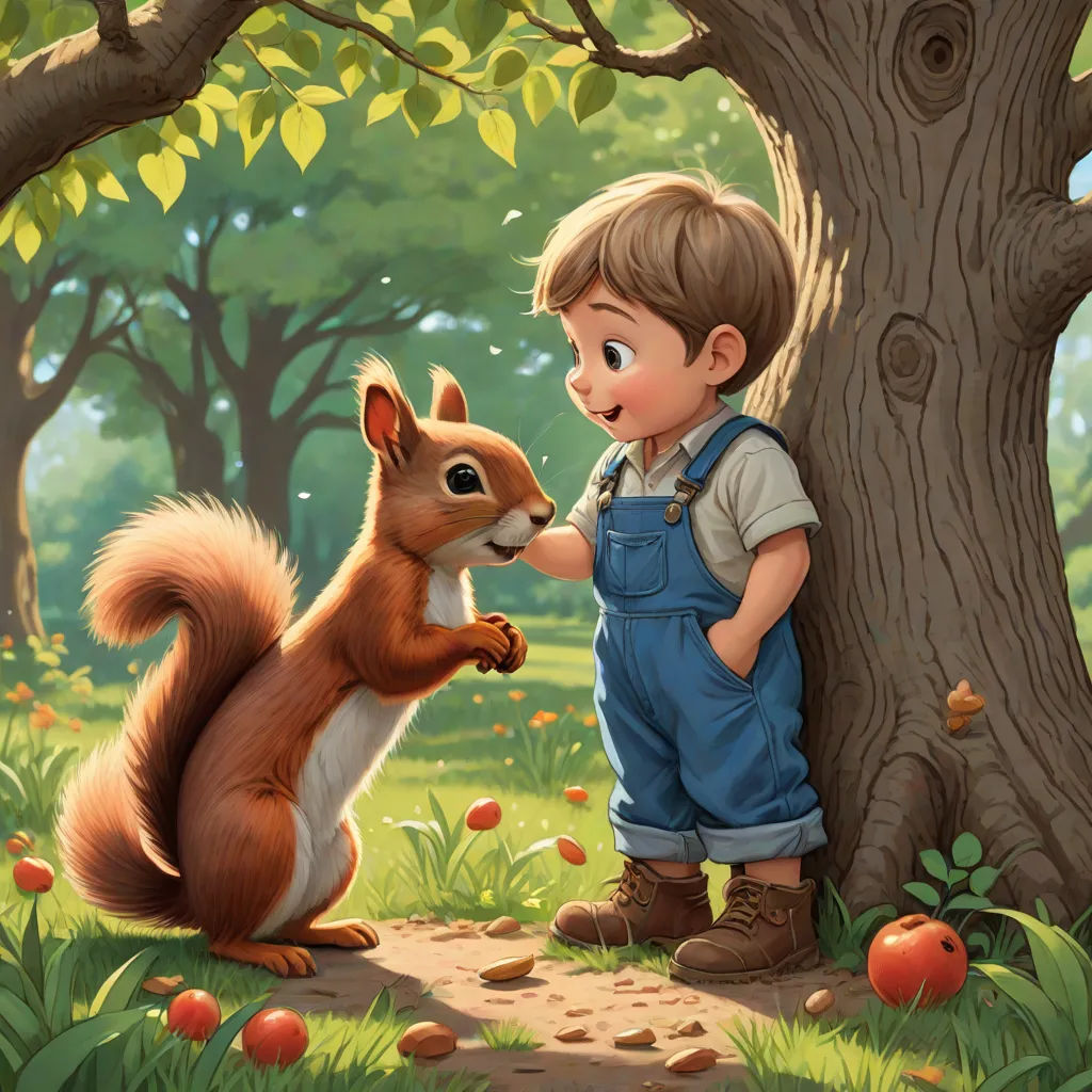 a boy is standing next to a squirrel in a forest with apples on the ground and a tree in the background, american scene painting, a storybook illustration, Aaron Jasinski, storybook illustration