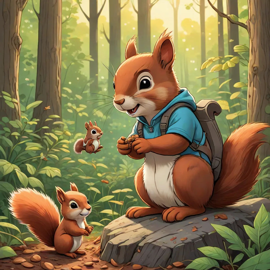 a squirrel and a squirrelling in a forest with sunlight coming through the trees and leaves on the ground, sots art, a storybook illustration, Chris LaBrooy, official art