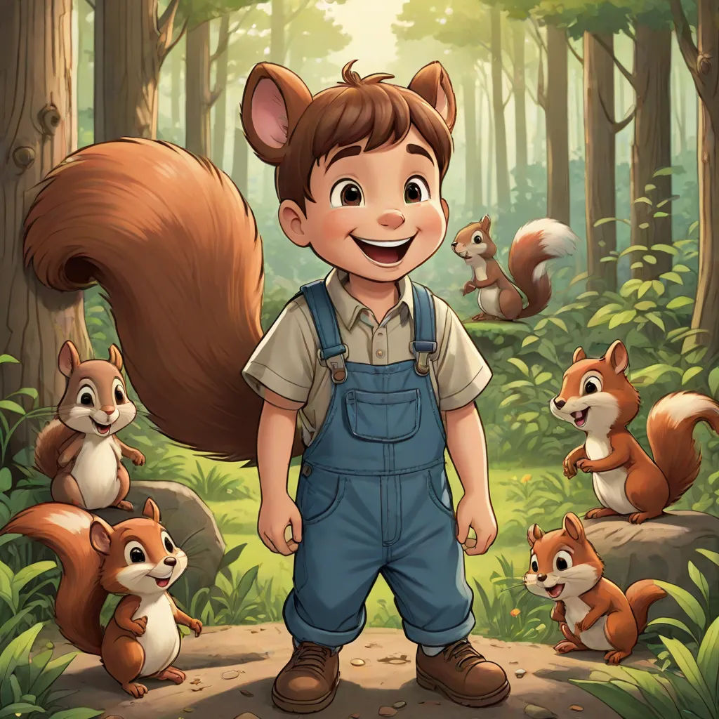 a boy standing in the woods with a bunch of squirrels around him and a squirrel behind him, with a forest background, furry art, a storybook illustration, Charles Fremont Conner, official art