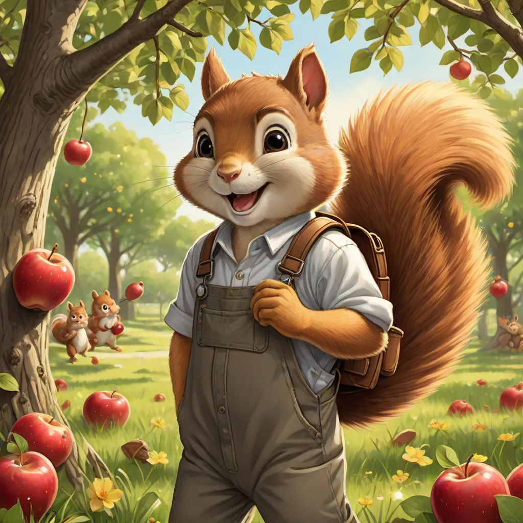 a squirrel is carrying a backpack and standing in the grass near an apple tree and a squirrel is holding a backpack, furry art, a storybook illustration, Chris LaBrooy, kinkade