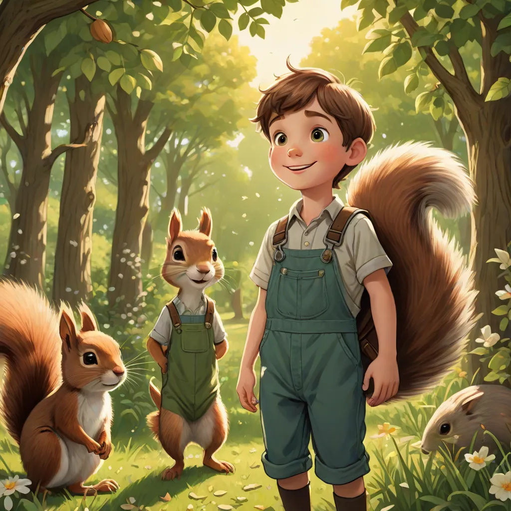 a boy with a backpack and squirrels in a forest with trees and flowers on the ground and a squirrel standing next to him, furry art, a storybook illustration, Aaron Jasinski, official art