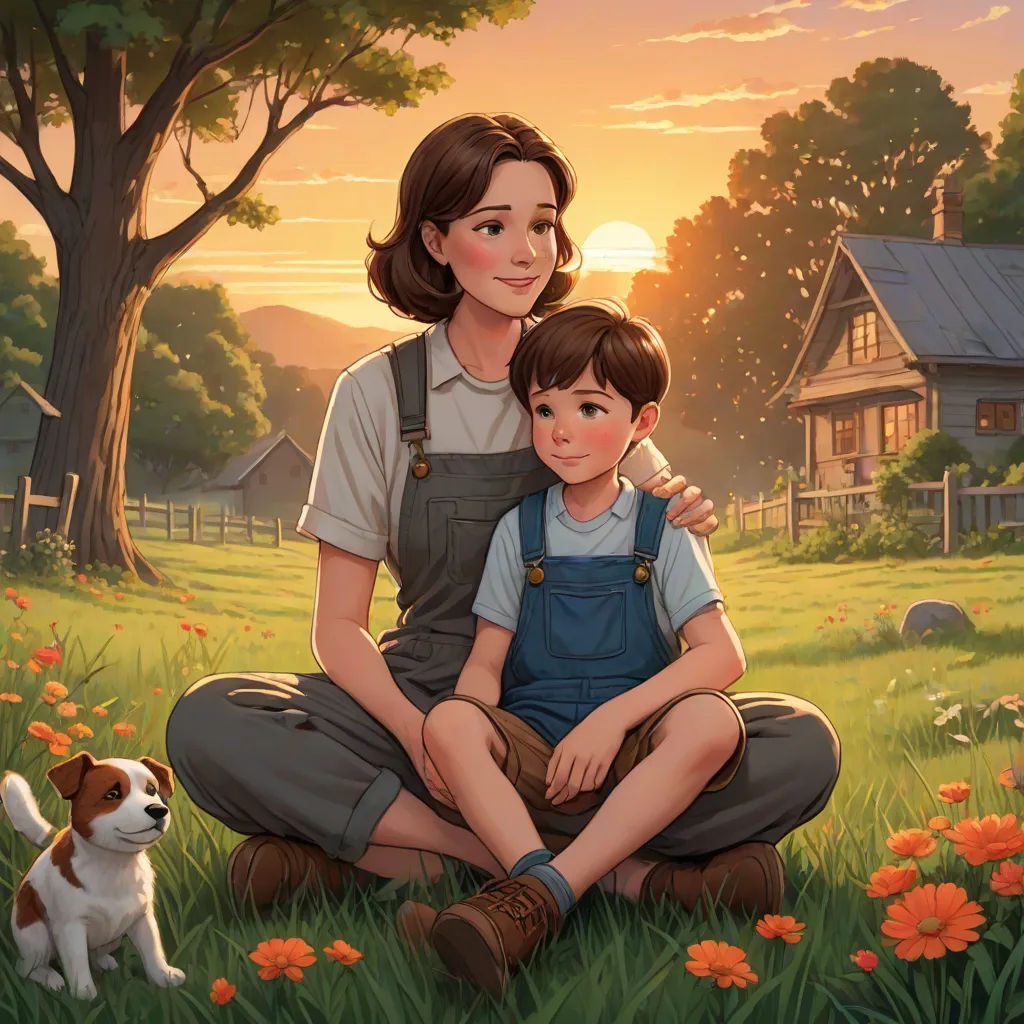 a woman and a boy sitting in a field with a dog and a house in the background with a sunset, american scene painting, a storybook illustration, Aaron Jasinski, official art