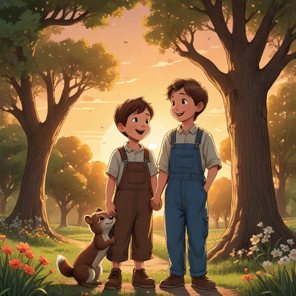 a boy and a boy standing next to each other in a forest with a dog on the ground and a dog on the ground, american scene painting, a storybook illustration, Brothers Hildebrandt, official art