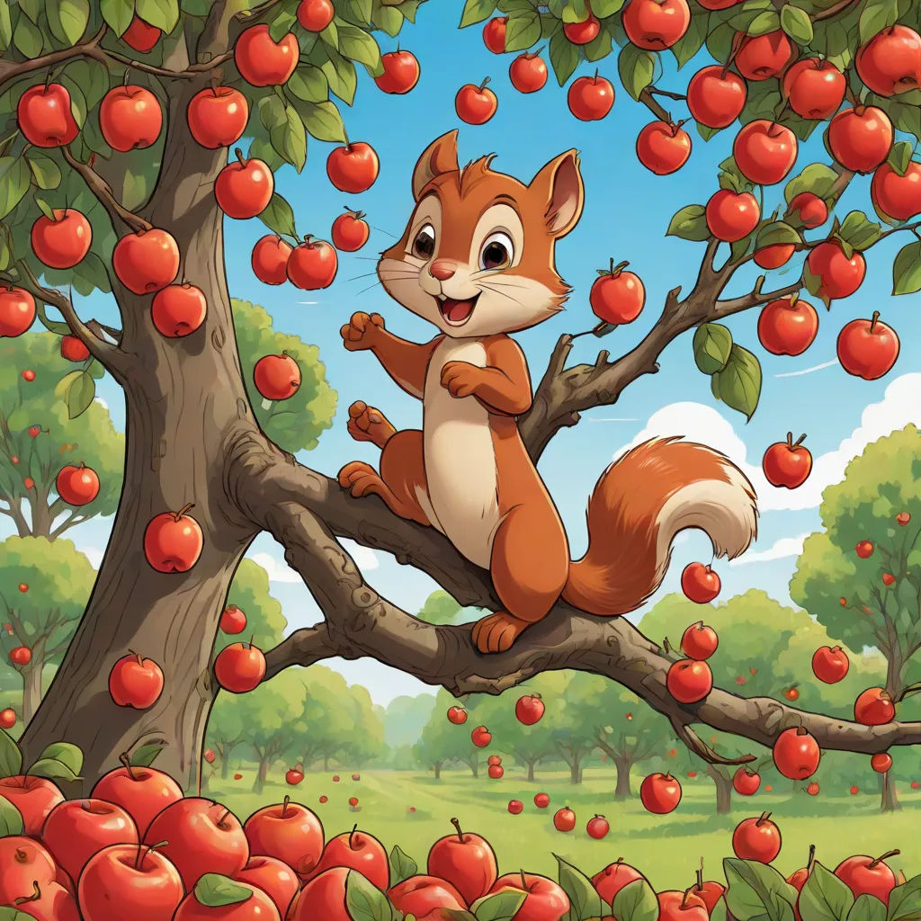 a squirrel sitting on a tree branch in an apple orchard with apples all around him and a sky background, pop surrealism, a storybook illustration, Chris LaBrooy, furaffinity