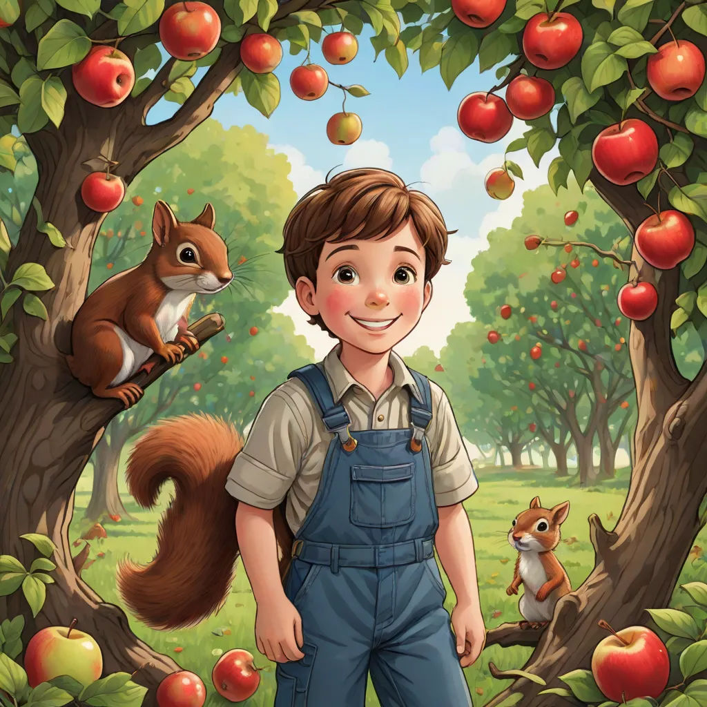 a boy standing in front of a tree with a squirrel on it's back and an apple orchard in the background, lyco art, a storybook illustration, Aaron Jasinski, book cover