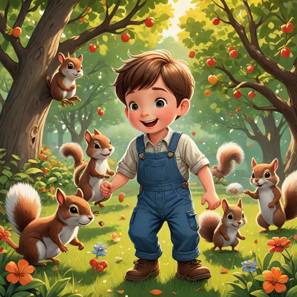 a boy standing in the woods with squirrels and apples in the background, with a forest scene in the background, sots art, a storybook illustration, Aaron Jasinski, official art