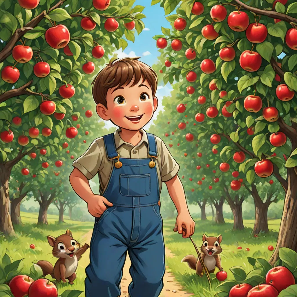 a boy in overalls standing in an apple orchard with a squirrel and a squirrel on a leash in front of him, lyco art, a storybook illustration, Aaron Jasinski, storybook illustration