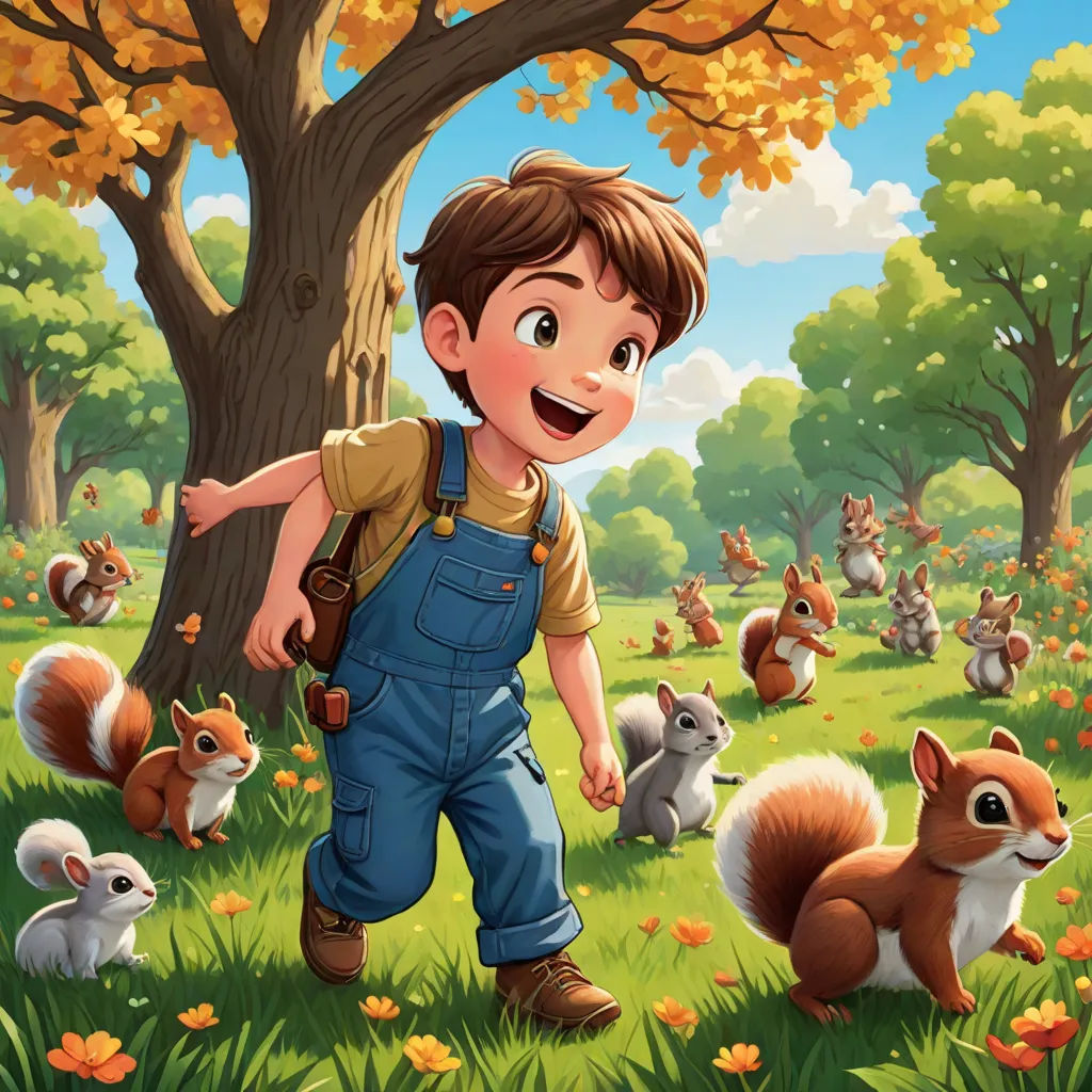 a boy in overalls standing in a field with squirrels and a tree in the background with a boy in overalls standing in the grass, furry art, a storybook illustration, Aaron Jasinski, official art