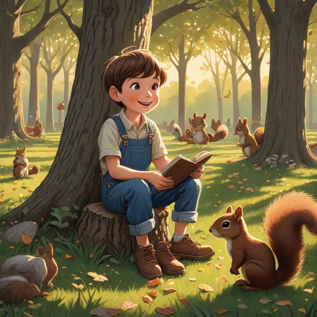 a boy sitting on a tree stump reading a book with a squirrel nearby in a park with many trees, american scene painting, a storybook illustration, Aaron Jasinski, storybook illustration