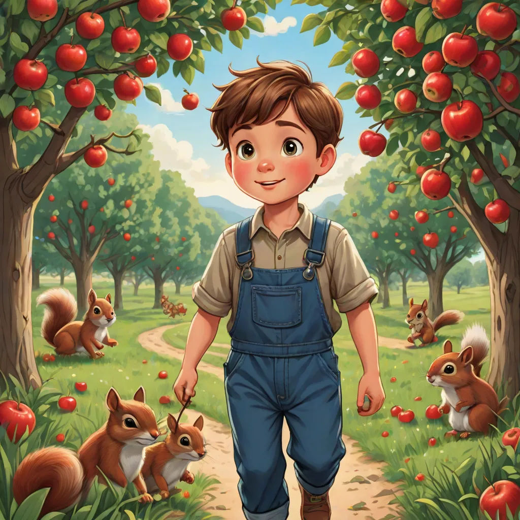 a boy in overalls walking through an apple orchard with squirrels and apples on the trees behind him,, pop surrealism, a storybook illustration, Aaron Jasinski, storybook illustration