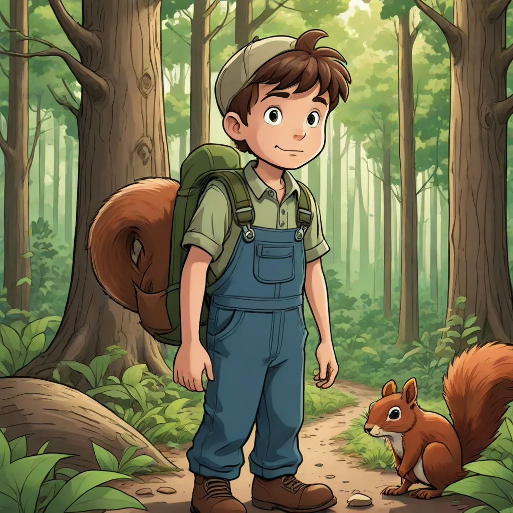 a boy with a backpack and a squirrel in the woods by a tree and a path with a squirrel, furry art, a storybook illustration, Cliff Childs, official art
