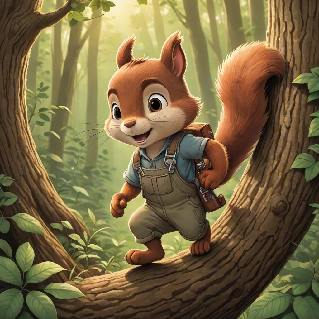 a squirrel with a backpack is standing on a tree branch in the woods with leaves and a sunbeam, furry art, a character portrait, Chris LaBrooy, official art