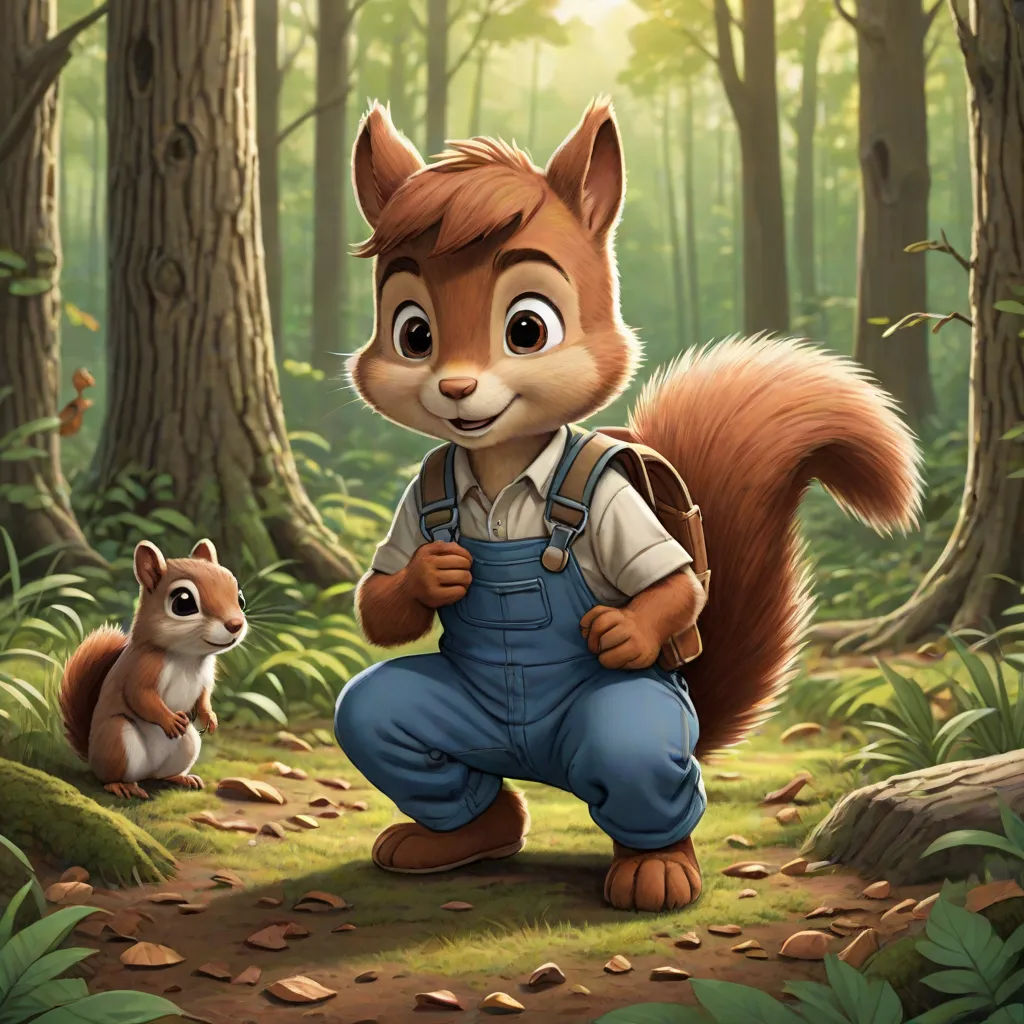 a squirrel and a squirrelling in a forest with leaves and trees in the background, with a man holding a squirrel's hand, furry art, a storybook illustration, Aaron Jasinski, official art