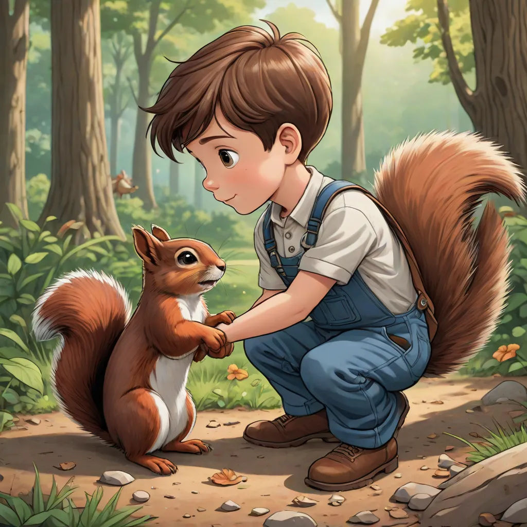 a boy kneeling down next to a squirrel in a forest with trees and rocks on the ground and a forest background, furry art, a storybook illustration, Aaron Jasinski, official art