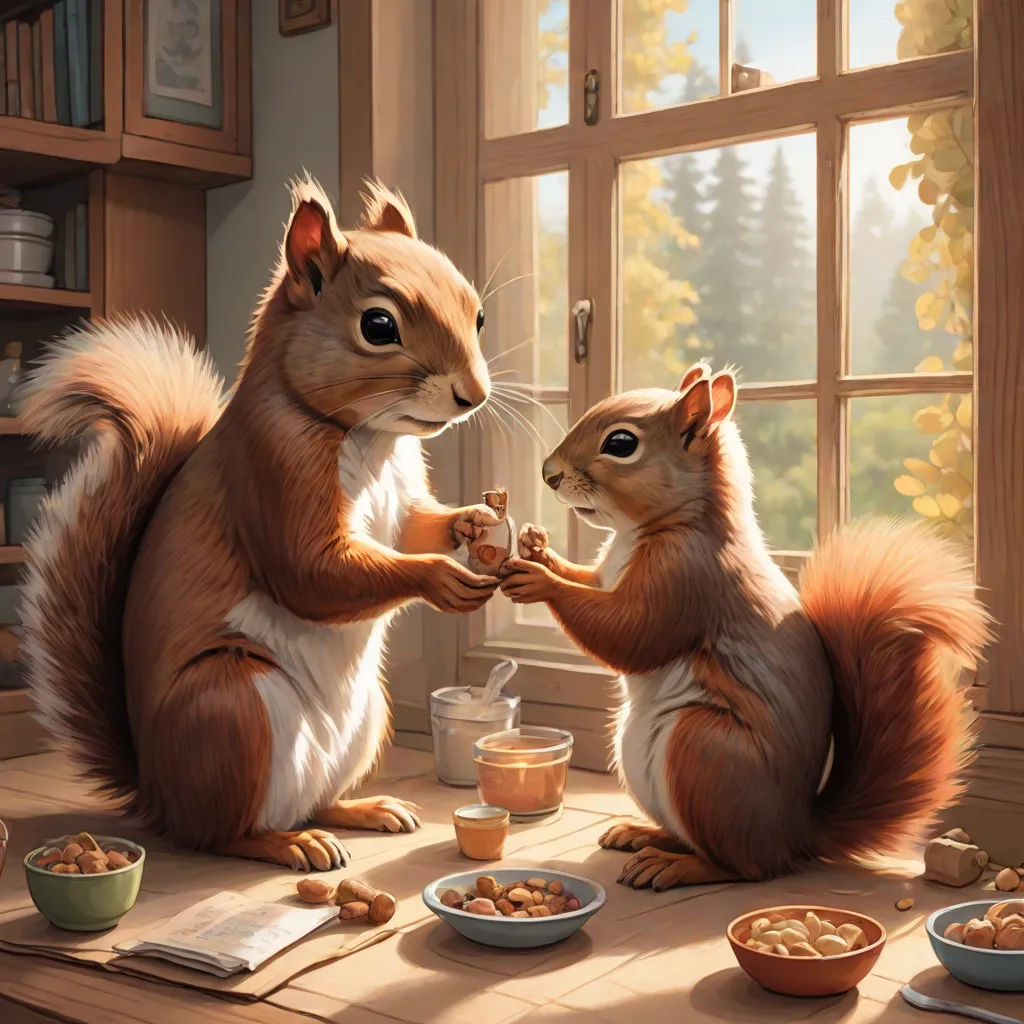 a painting of two squirrels eating nuts from a bowl on a table with a window in the background and a bookcase in the foreground, american scene painting, an oil painting, Chris LaBrooy, official art