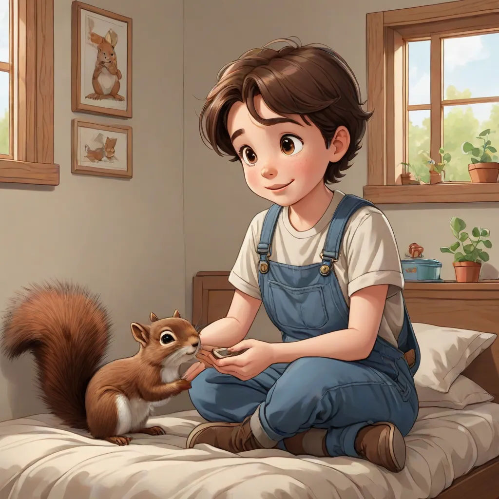 a boy feeding a squirrel on a bed in a bedroom with a window and a potted plant on the wall, furry art, a storybook illustration, Aaron Jasinski, official art