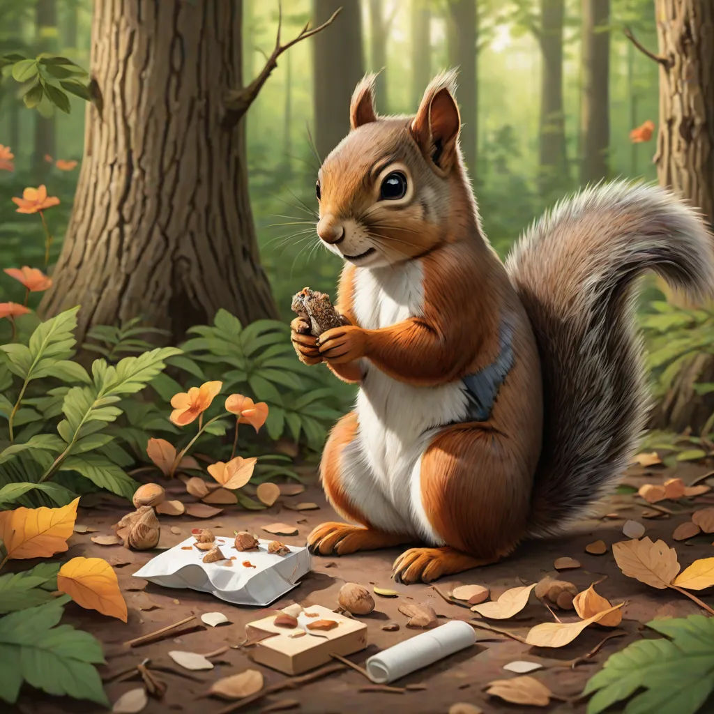 a squirrel is eating a nut in the woods with leaves on the ground and a cigarette in the foreground, american scene painting, an oil painting, Chris LaBrooy, official art