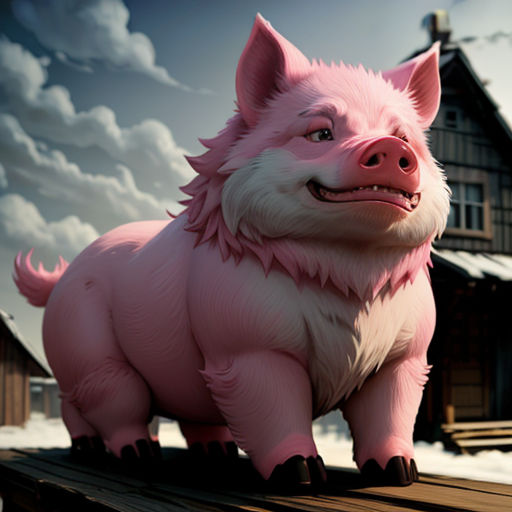 a pig statue sitting on top of a wooden bench in front of a house and a snow covered field