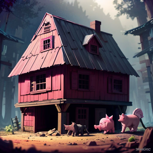 a group of pigs standing in front of a house in the woods with a pig on the ground in front of it