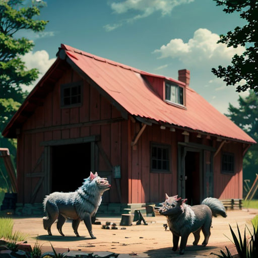 two animals standing in front of a red barn with a red roof and a red tin roof on it