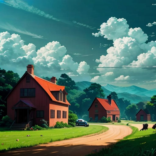 a painting of a rural scene with cows grazing in the grass and a red house in the distance with a blue sky with clouds