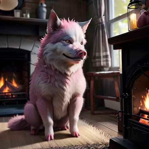 a white dog sitting in front of a fire place with a pink fur coat on it's head