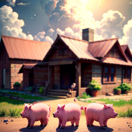 three pigs are standing in front of a house with a sky background and clouds in the background, and a full moon in the sky