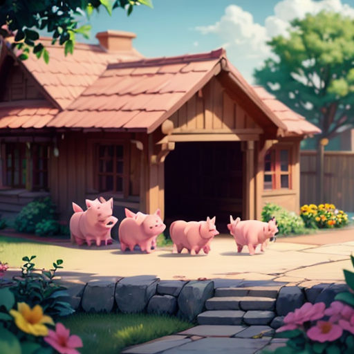 a group of pigs walking across a lush green field next to a house and trees in the background with a pink flower