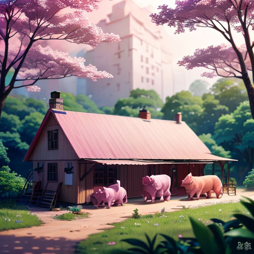 a painting of pigs in front of a house with a pink sky in the background and trees in the foreground
