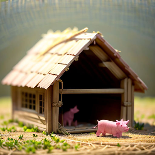 a small pig house with a pig in it's yard next to a pig statue in the grass