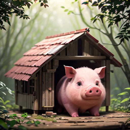 a pig is standing in a small wooden house in the woods with a tree behind it and a pink pig in the doorway