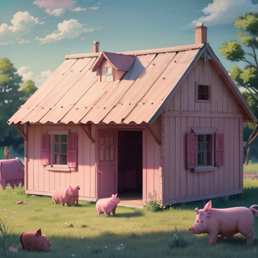 a group of pigs standing in front of a pink house with a pink roof and a pink pig in the grass