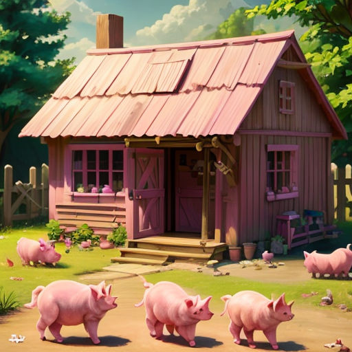 a group of pigs walking in front of a pink house with a pink roof and a pink tin roof