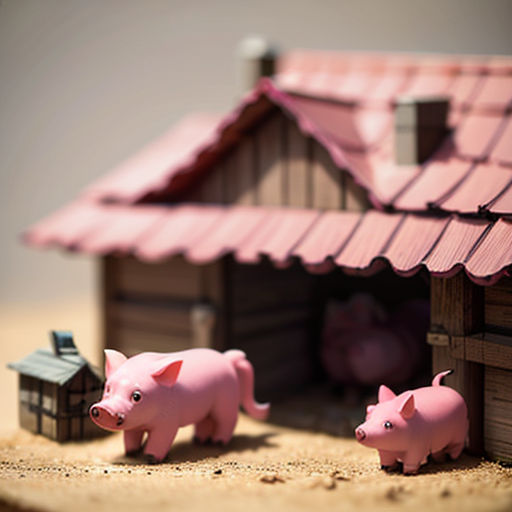 a couple of pigs standing in front of a small house with a roof and a small shed on the ground